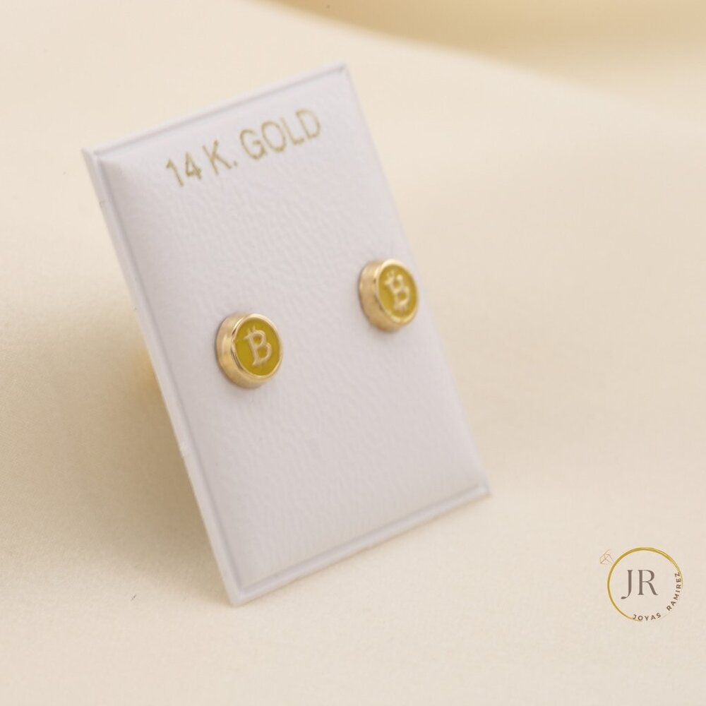 14K Solid Gold Bitcoin Logo Stud Earrings Crypto Luxury Fine Jewelry - Picture 3 of 7